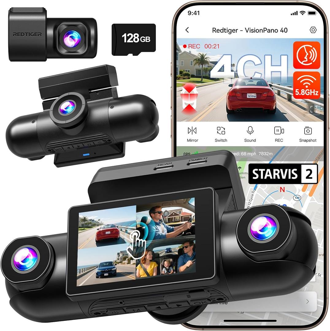 REDTIGER 4 Channel 360 View Dash Cam, Dual STARVIS 2, 2.5K*2+1080P*2 Dashcam Front and Rear Inside Left Right, 5.8GHz WiFi, 8 IR Lights Night Vision, 4 Adjustable Lenses, Included 128GB Card (VP40)