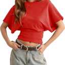 Lumister Shirts for Womens Crewneck Tighten Waist T-Shirt Casual Short Sleeve Workout Tops Solid Color Basic Tees (Red, L)