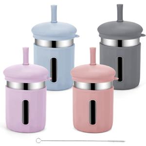 EsOfficce Stainless Steel Kids Cups, 12.51 oz Toddler Tumbler with Straws and Lids, Spill-Proof Baby Smoothie Cups with Silicone Sleeve, Versatile 2-in-1 Drinking Snack Cups for Kids, 4 Colors A (Coral+Blue+Pink+Purple)