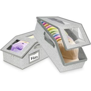 Hat Organizer for Baseball Caps,2PCS Stackable Hat Storage Box with Clear Window Lid, Space-Saving Box for Closet (Gray)