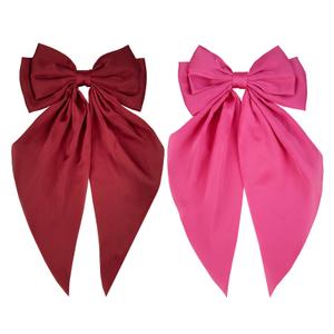 JGQUR Satin Hair Clips for Women – Pack of 2 Long Tail Bow Alligator Clips, Soft Ribbon Barrettes for Girls Daily Wear, Gifts for Birthday Party, Burgundy/Hot Pink