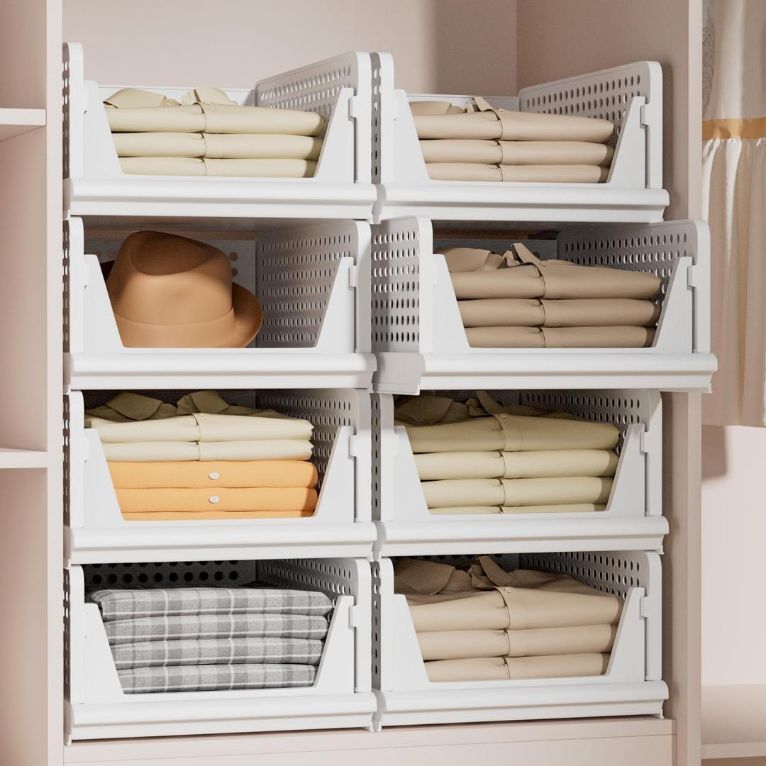 Stackable Plastic Storage Basket Closet Organizer Bin Foldable Clothes Organizer Storage Drawer Shelf Container for Living Room Bathroom Kitchen Office (4 Pack 4 L, White)