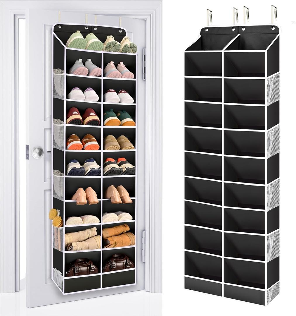 ULG Over The Door Shoe Organizer for Closet Fit 24-32 Pairs with Large Deep Pockets, Narrow Shoe Rack for Door Hanging Boots Storage, Black (10-Tier)