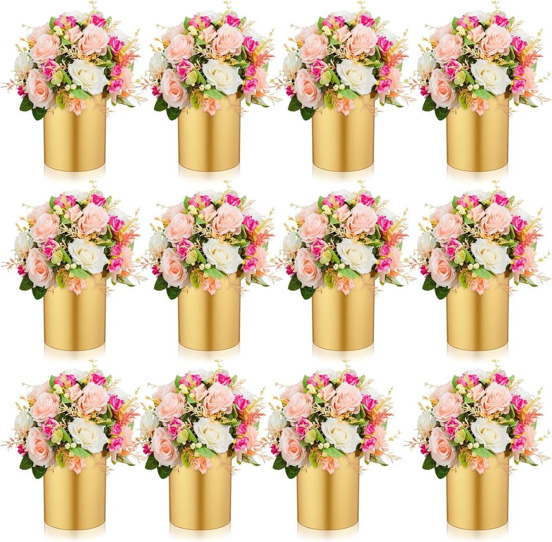 Ninehaoou 12 Pcs Gold Cylinder Vases for Wedding Centerpieces 5.1 Inch Tall Metal Flowers Vase Small Hurricane Holder for Wedding Dining Coffee Table Party Decorations, Not Included Flowers