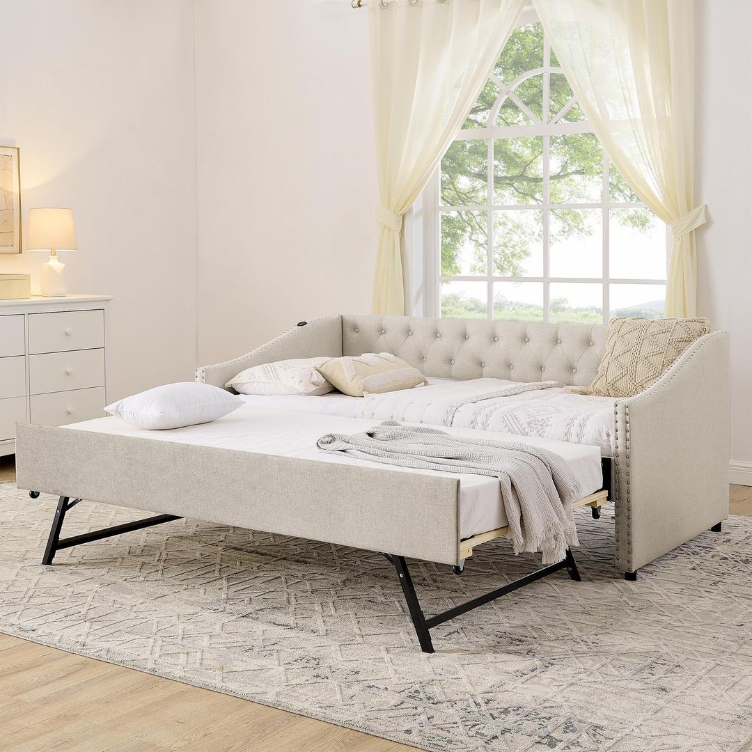 KEIKI Twin Size Upholstery Daybed with Trundle and USB Charging Design, Twin to King Design Mid-Century Extendable Sofa Bed, Easy Assembly, No Box Spring Required, for Living Room and Bedroom, Beige