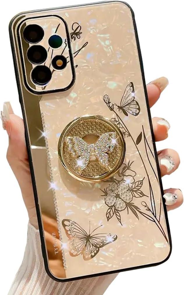 Topwin Galaxy A32 5G Kickstand Case, Cute Marble Conch Shell Floral Butterfly with Ring Stand Elegant Shockproof Protective Cover for Girls Women for Samsung Galaxy A32 5G (Rose Gold)