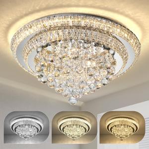 COCOSTAR 24" Crystal Chandeliers, Flush Mount Chandelier LED Ceiling Light, Modern Crystal Raindrop Chandeliers for Dining Room, Living Room, Bedroom (Silver)