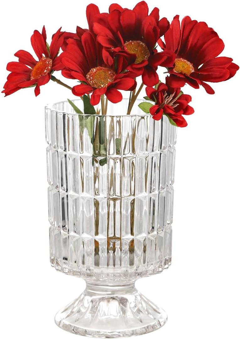VanEnjoy Pedestal Base Glass Vase Wide Mouth vases for Flowers, Embossed Flower Vase Decorative for Home Office Wedding Holiday Party - 9 inches Stripe