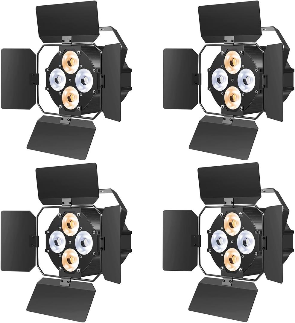 Stage Lights with Barn Doors, LED Par Lights Warm & Cool White Spotlights, Sound Activated DMX512 Professional Par Can Light for Theater Church Events Wedding Studio Concert 4 Packs