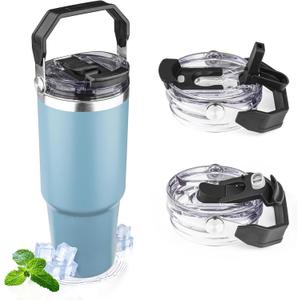 30oz Tumbler with Handle and Flip Straw Lid Double Wall Insulated Travel Coffee Mug Stainless Steel Vacuum Insulated Coffee Tumbler Cup for Hot and Cold Beverages,Leak-proof (30oz,Glacier blue)