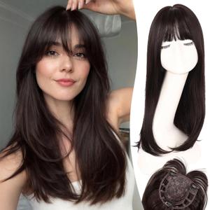 Hair Topper with Bangs for Women 20 Inch Layered Synthetic, Straight Clip In Topper with Simulated Scalp and 3 Clips, Adds Volume and Gray Hair Coverage for Thinning Hair, Natural Black