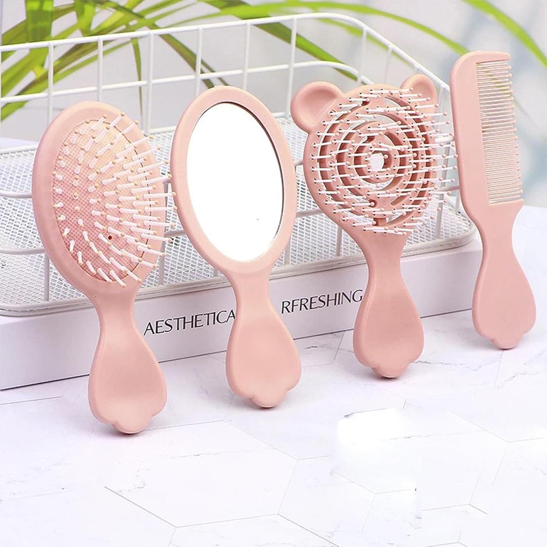 4 Pieces Mini Hair Brush Hair Comb Set For Women Girls Kids Toddler Small Travel Hair Combs Brushes Handheld Mirror Set Detangling Comb Massage Hair Brush with Air Cushion (Pink)