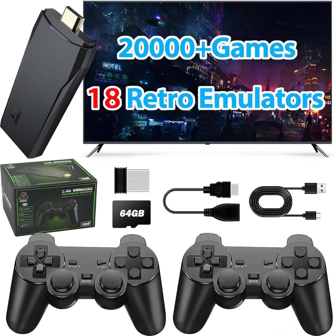Wireless Retro Game Console Stick Built-in 20000+ Classic Games, 4K HDMI Output Nostalgia Plug & Play Retro Video Gaming Stick with 18 Emulators and Dual 2.4G Wireless Controller64GB Card