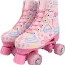 XUDREZ Roller Skates for Girls, Cute Light-up 4 Wheels Kids Skates, High-top PU Leather Rollerskates Perfect Indoor Outdoor Double Row Roller Skates (33-Youth 2/ Women's 3.5/ Men's 3, Pink Print)