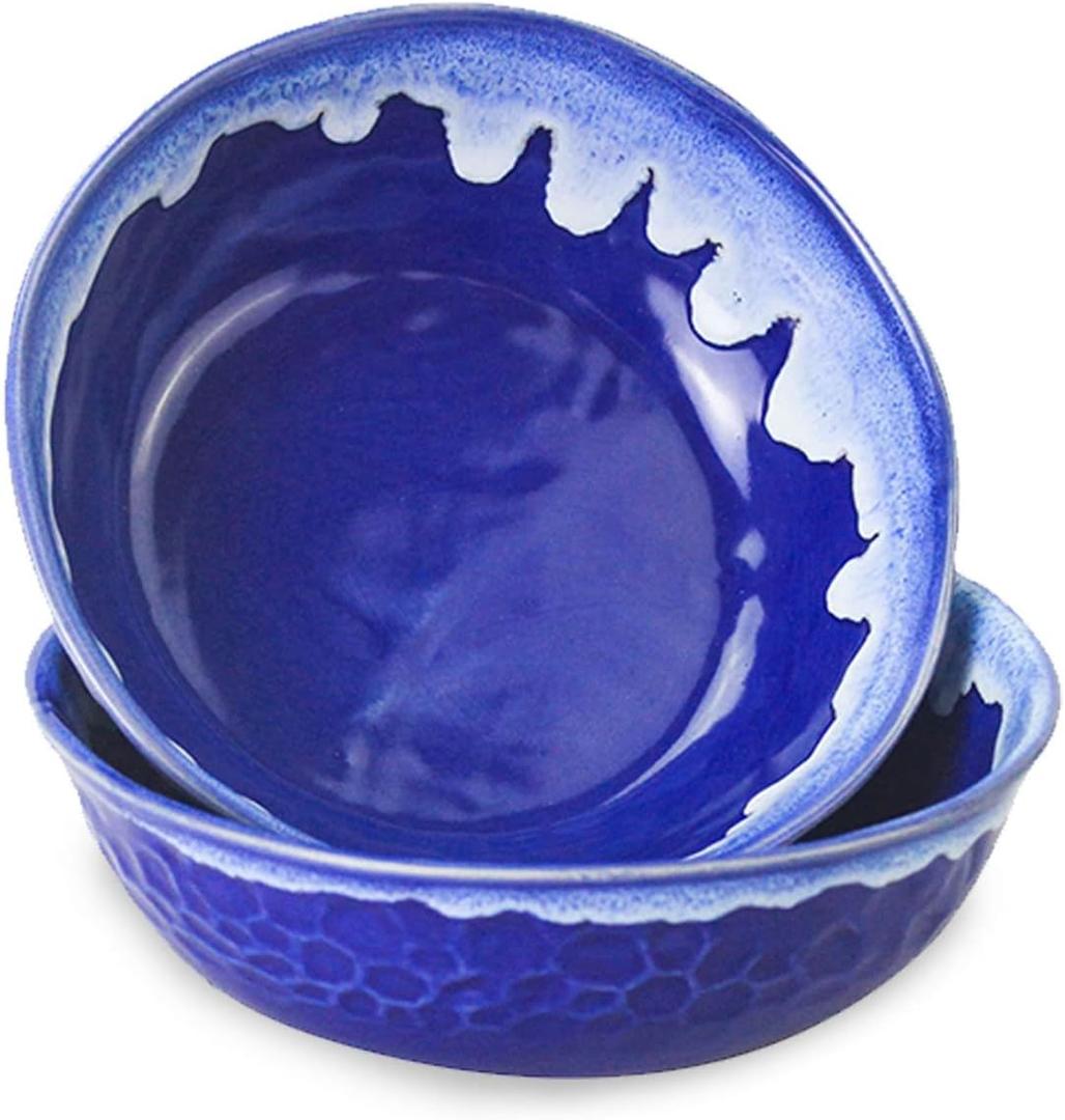 roro Handmade Ceramic Stoneware Glossy Seafoam Stylish Blue Wavetop Bowls, 7 Inch Wide | Set of 2