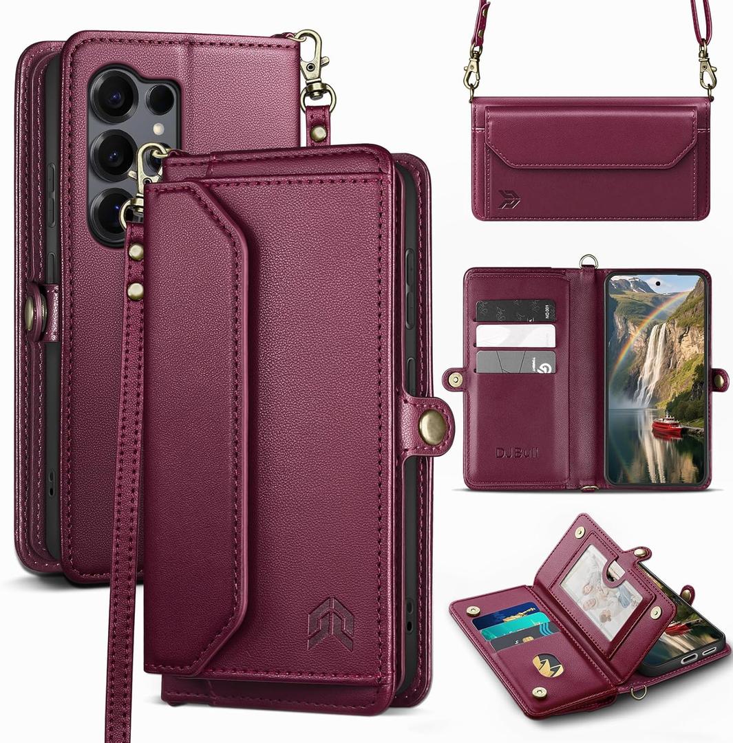 DJBull for Samsung Galaxy S25 Ultra Wallet Case with Card Holder, Shoulder and Wristlet Straps, Soft PU Leather, Magnetic Snap, Flip Phone Case for Women Men for Samsung S25 Ultra Wine Red