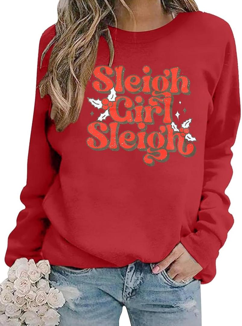 LUKYCILD Sleigh Sweatshirt Women Sleigh Girl Sweatshirt Casual Shirt Funny Long Sleeve Shirt (X-Large, Red-2)