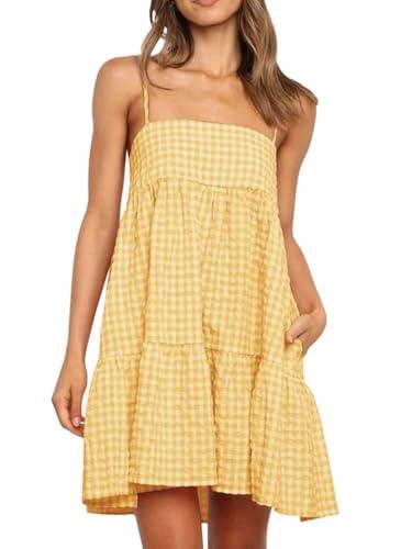 Wenrine Women's Summer Plaid Mini Dress Casual Spaghetti Strap Sleeveless A Line Beach Sundress with Pockets Yellow Small