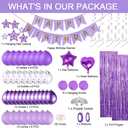 Purple Happy Birthday Decorations Kit, Purple Confetti Balloons Birthday Party Supplies for Women Girls Boys, Happy Birthday Banner, Hanging Star Cutouts, Fringe Curtains, Cupcake Toppers, Crown