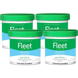 Fleet Glycerin Suppositories for Constipation Relief, Fast and Effective Stimulant-Free Laxative with Aloe Vera, 100 Count Jar, Pack of 4