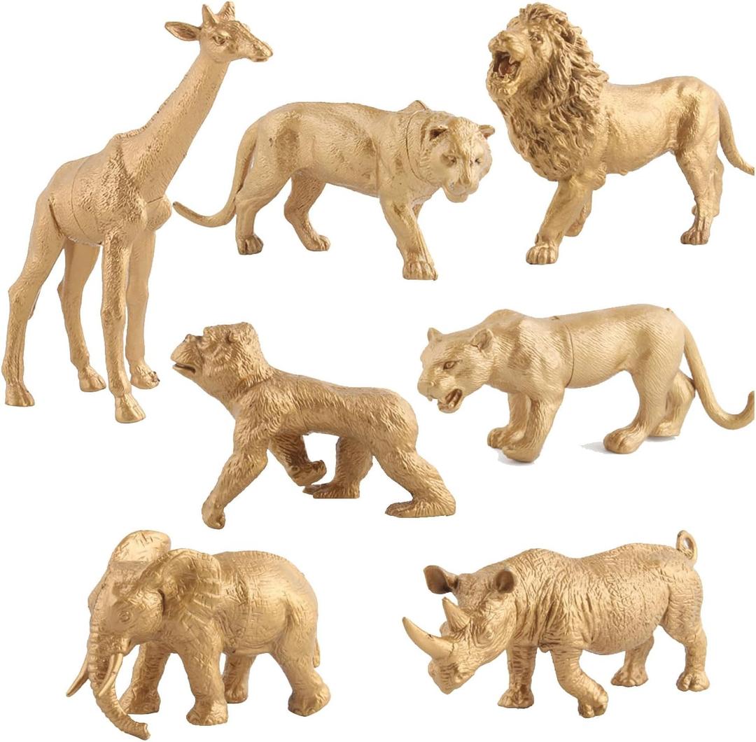 7PCS Gold Safari Animals Figures Toy Wild Animal Plastic Figurines Gift for Kids