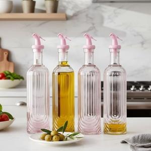 Vesici 4pcs 17oz Pink Oil Dispenser for Kitchen Olive Oil and Vinegar Cruet Bottle with Pourer Spouts for Counter, Cooking, Salad Dressing, Leak proof Design