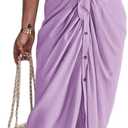 Women Elegant Satin Button Down Short Sleeve Maxi Shirt Dress with Belt (Small, 01-purple)