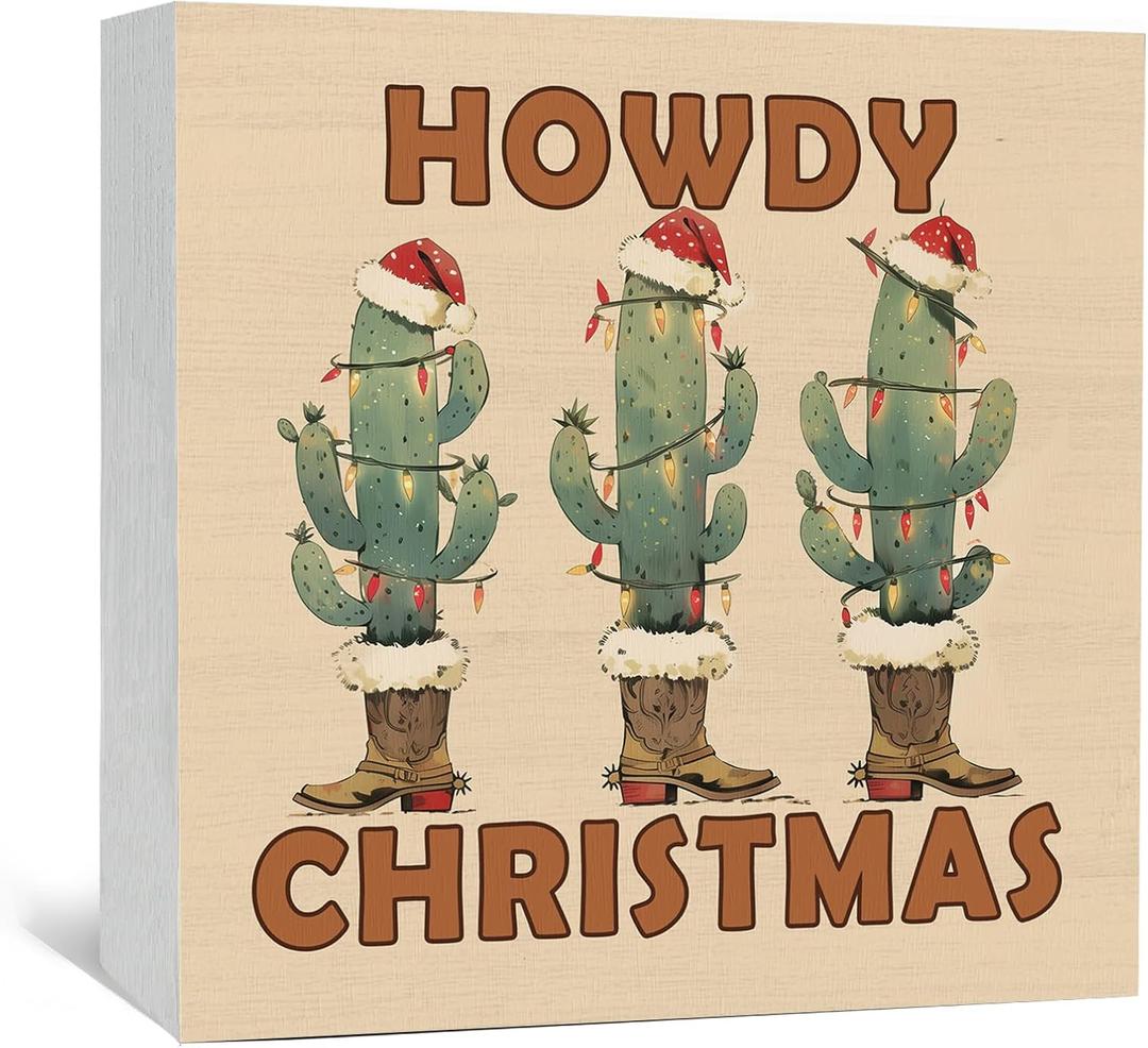 Howdy Christmas Western Cactus Cowgirl Boots Wooden Box Sign, Country Christmas Wood Signs For Home Office Desk Shelf Table Decor, Western Decorations, 6x6 Inch (color-8)