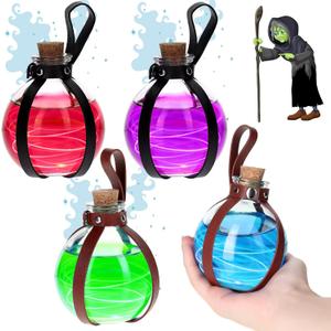 Meanplan 4 Pack Halloween Cork Potion Bottle Witch Costume Accessories with Cork and Belt Witch Potion Bottles Wizard Halloween Party DIY Crafts Women(Black, Brown)