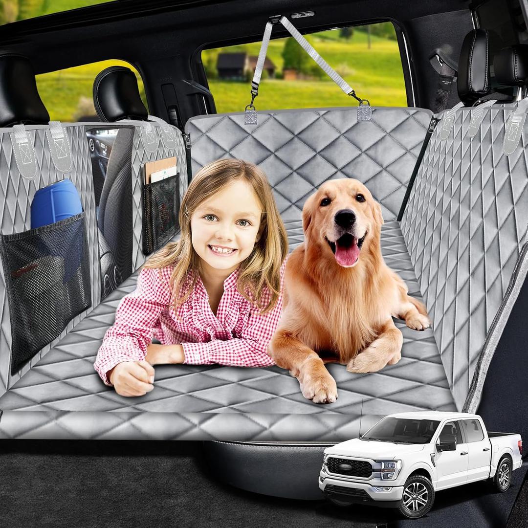 URPOWER XL Dog Back Seat Extender for Crew Cab Truck, Hard Bottom Dog Car Seat Cover Waterproof Dogs Car Hammock Pet Backseat Bed, Pet Truck Accessories for F150 / RAM 1500/ Tundra Crew Cab (Grey)
