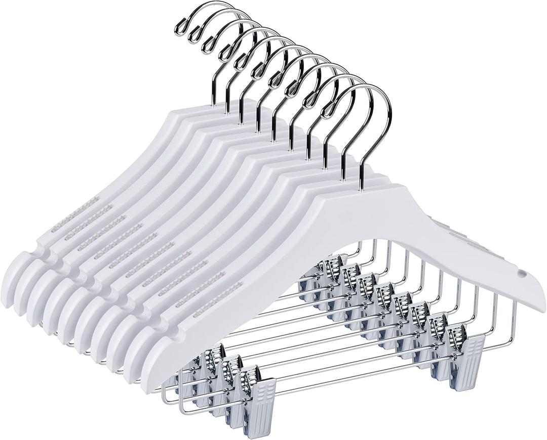 Quality White Wooden Kids Pant Skirt Hanger 10-Pack, Luxury Wave Design Chrome 360 Swivel Hook (10, 13" inch with Clips)
