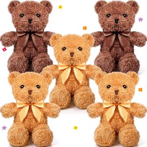 HyDren 5 Pcs Bears Stuffed Animal Soft Plush Toys Valentine 12 Inches Cute Small Shaggy Bear with Hoodie Bow Tie for Kids Boys Girls Baby Shower Birthday Party(Bow Tie Style,Dark Brown, Light Brown)