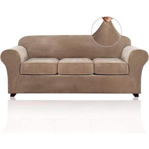 PrinceDeco Velvet Couch Covers for Sofa Soft 4 Pieces Couch Covers for 3 Cushion Couch Sofa Pet Friendly Furniture Protector with Non Slip Elastic Bottom Width Up to 90 Inch (Large, Camel)