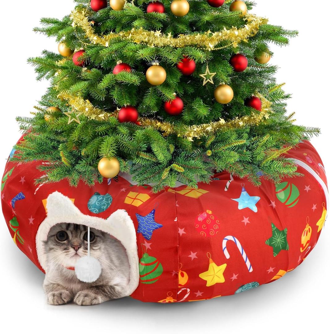 Christmas Cat Tunnel Bed Under 2.62 ft Christmas Tree Skirt with Ball for Indoor Cat Xmas Red Pet Donut Tunnel with Washable Circle Cushion Foldable Gift for Kitten Puppy Rabbit(Ball)