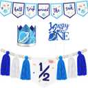 1/2 Birthday Half Trip Around the Sun Half Birthday Decorations - Banner Glitter Cake Topper Tassel Wood Bead High Chair Banner & Crown, Hat Halfway to One Baby Boy Girl Party Supplies (Planet Blue)