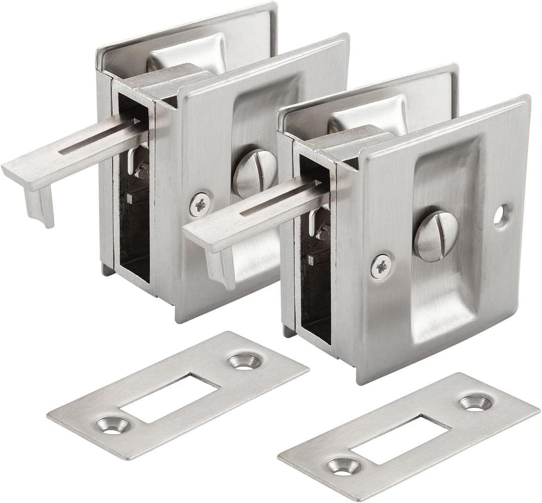 HOME MASTER HARDWARE Privacy Pocket Door Lock Hardware with Pull Replace Old Sliding Door Locks/Solid Brass Pocket Door Privacy Lock 2-3/4x2-1/2, for 1-3/8 Thickness Door, Brushed Nickel -2 Pack