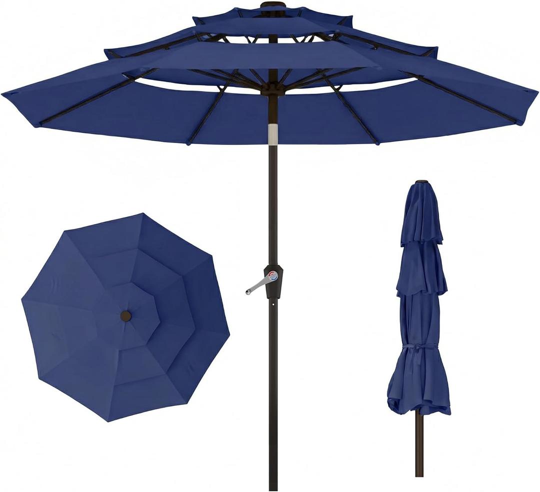 10ft 3 Tier Patio Umbrella, Outdoor Market Table Umbrella with UPF 50+ Vented Canopy, 8 Sturdy Ribs, Easy Push Button Tilt and Crank, Windproof for Deck, Pool, Backyard and Garden