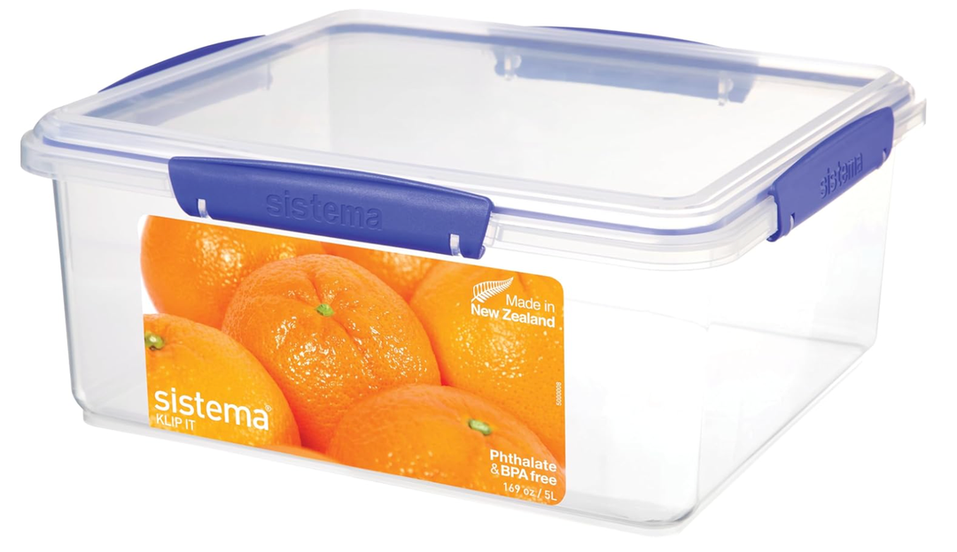 Sistema KLIP IT Food Storage Container, 5 L, Airtight & Stackable, BPAFree, Clear with Blue Clips