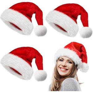 LINAYE 3 Pack Christmas Santa Hats for Adults - Extra Thicken Velvet Santa Claus Hats for Women, Men, Fluffy Plush Xmas Christmas New Year's Eve Party Supplies for Adults Teenagers