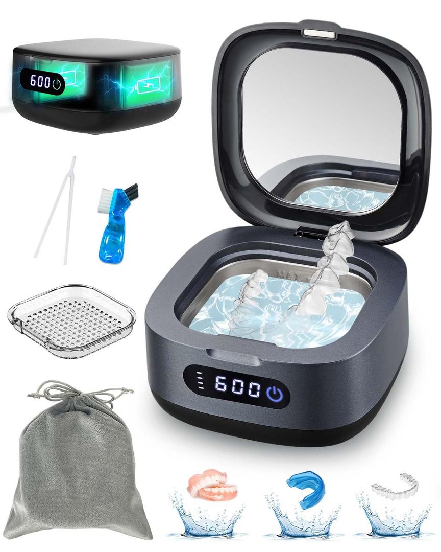 Voraiya Rechargeable Ultrasonic Retainer Cleaner, Portable Retainer Cleaner Machine, 52kHz Retainer Cleaner for Dentures, Night Guards, Mouth Guards, 166ml Dental Cleaning Pod with Mirror, 3 Modes