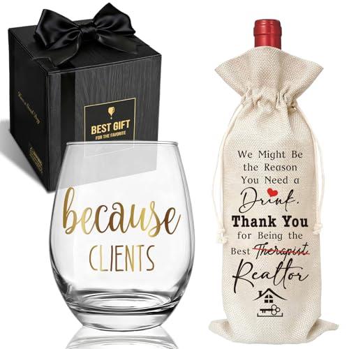 Realtor Gifts Because Clients Wine Glass， Thank You Gifts for Women Realtor Salesperson Coworkers Friends, Sales Real Estate Agent Wine Glass, Real Estate Agent Reusable Bottle Bag