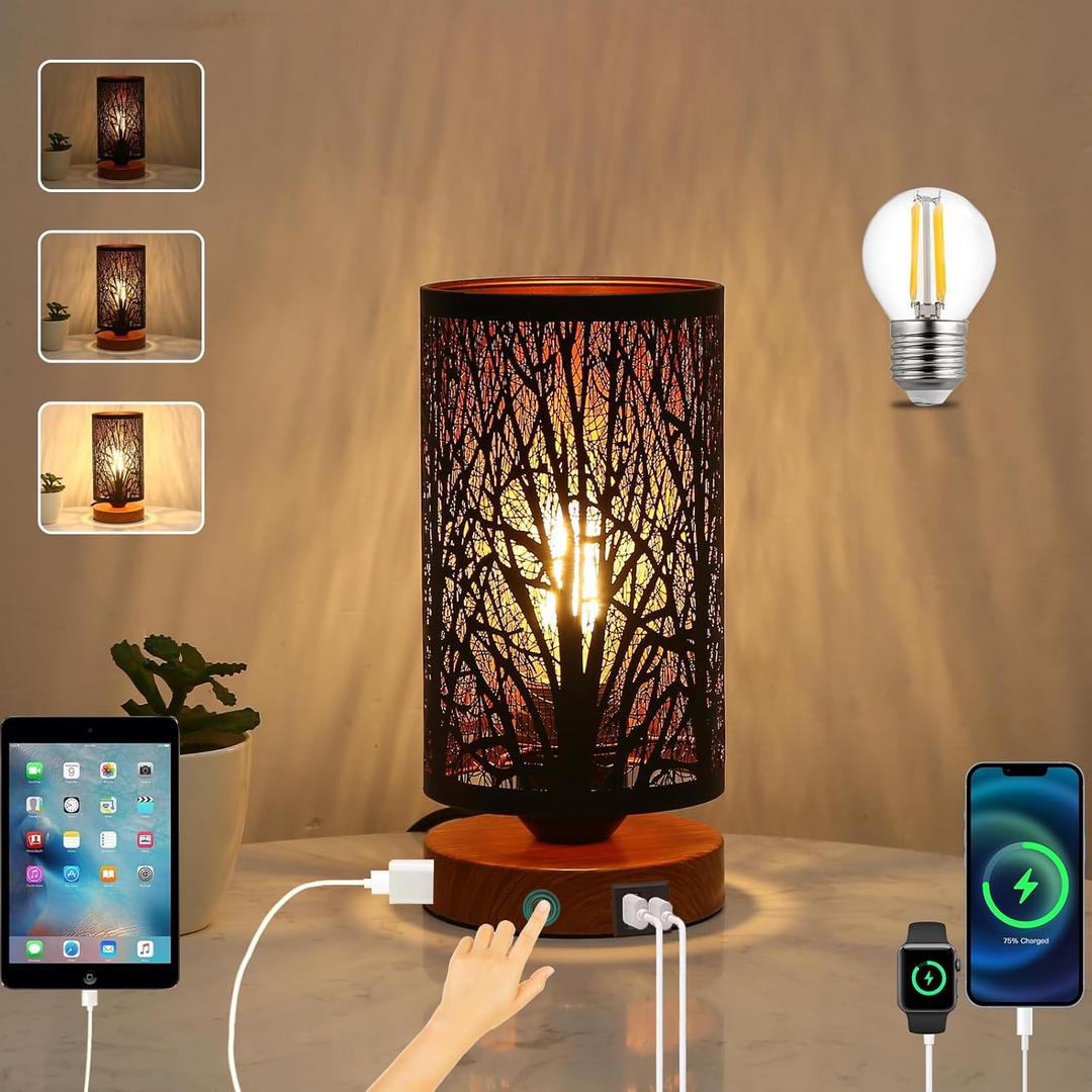 Table Lamp for Night Stands, Bedside Lamp with USB Port and Outlet, Touch Lamps for Bedroom, Bed lamp with Metal Shade for Home Deor,LED Bulb Included