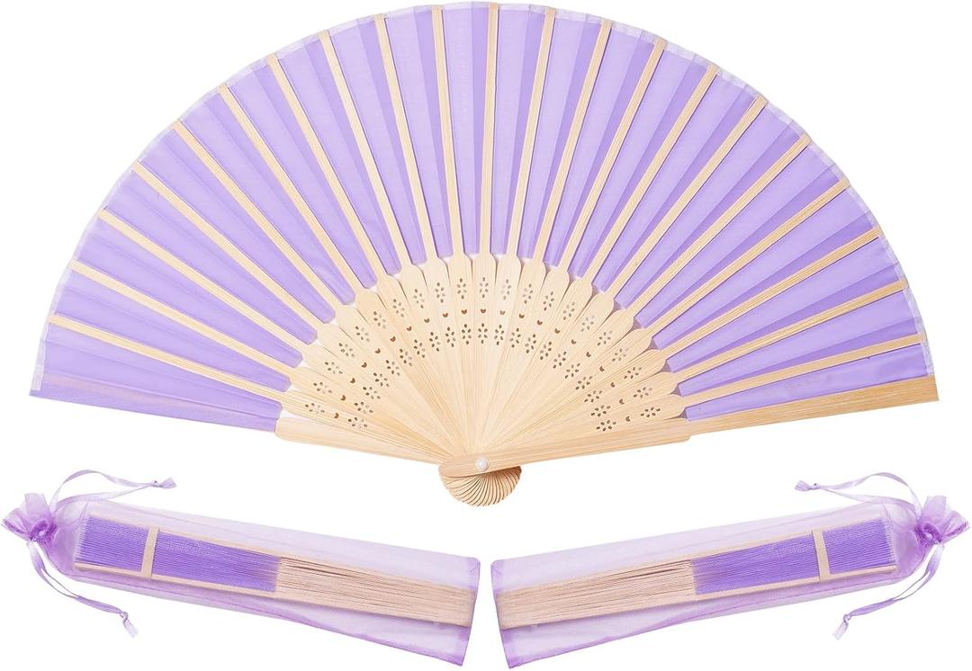 Sepwedd 50pcs Violet Imitated Silk Fabric Bamboo Folded Hand Fan Bridal Dancing Props Church Wedding party favors with Organza Bags, 2 count