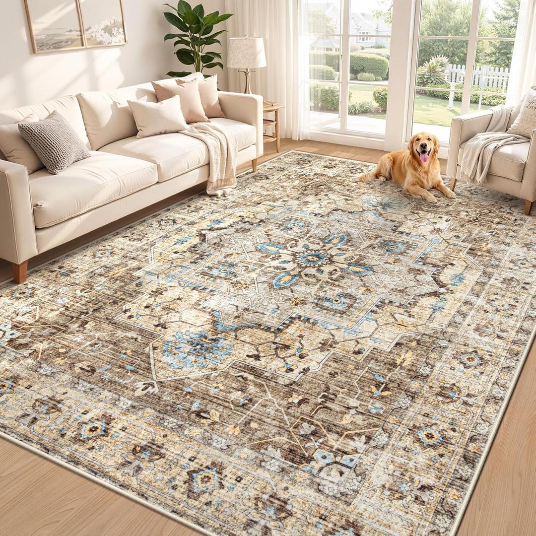 Area Rug 6x9 Vintage Rug: Washable Indoor Medallion Rugs Low Pile Distressed Floor Carpet Retro Accent Rug for Living Room Bedroom Kitchen Dining Table Home Office(Brown/Blue, 6'x9')