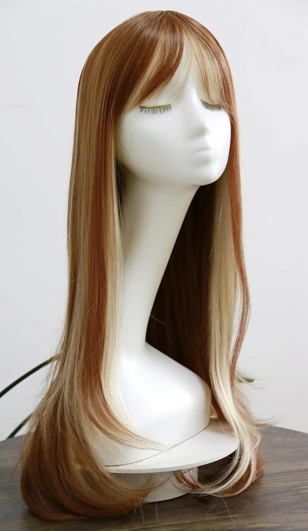 Ginger Brown Blonde Highlights Mixed Fringe Wig With Bangs Heat Resistant Synthetic Wig Loose Wavy Body Wave Wigs Girls Fashion Costume Wig