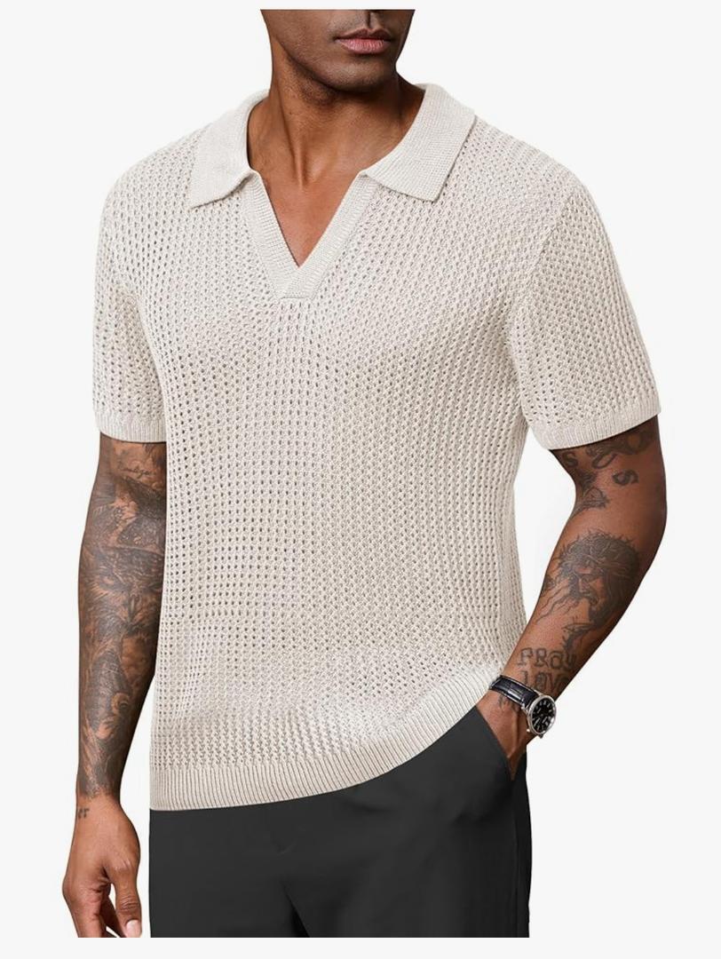 Men's Johnny Collar Polo Shirts Crochet Hollow Out Summer Casual Shirt L