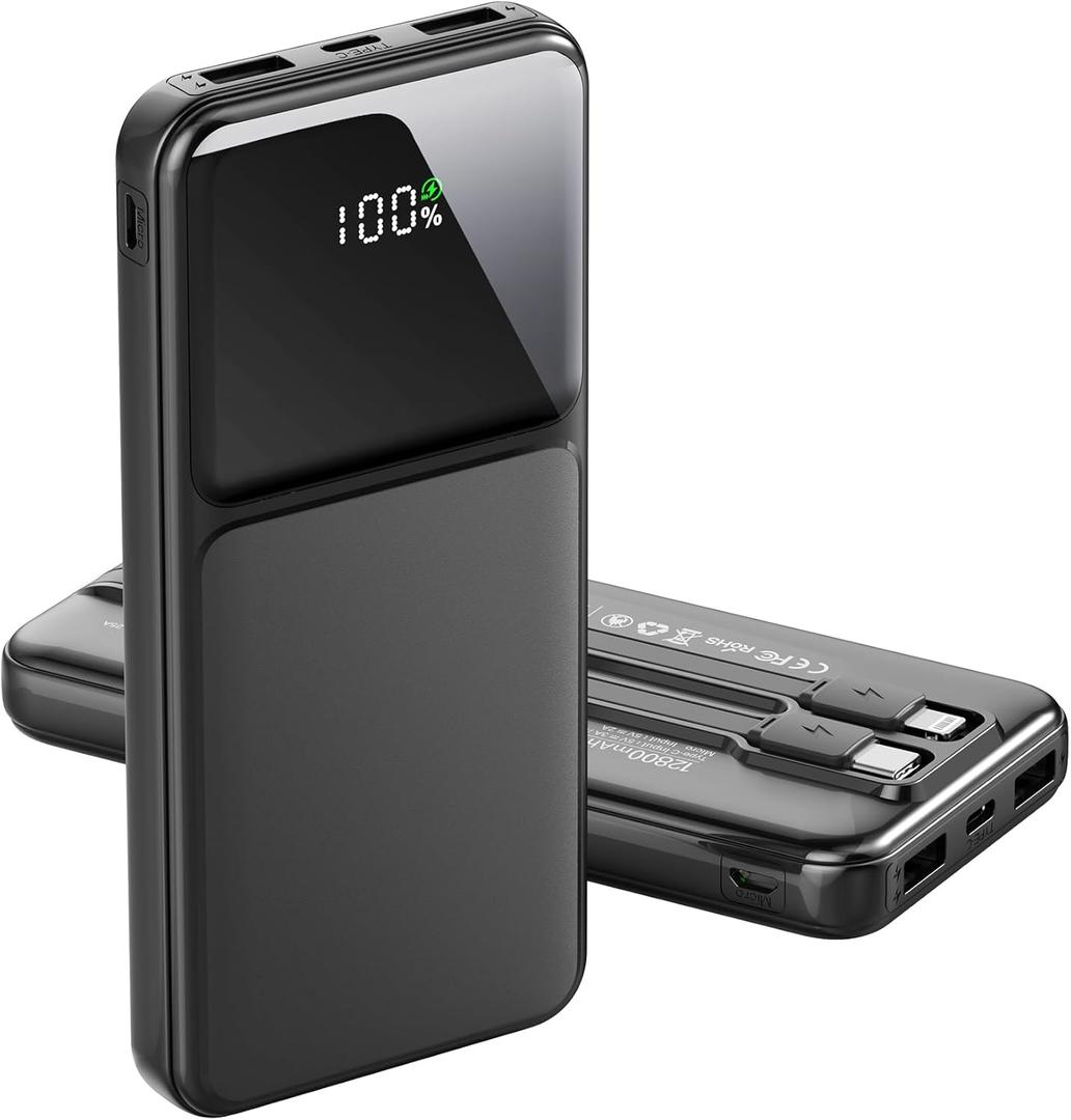 12800mAh Portable Charger with Built in Cables, 22.5W 3A High Speed Charging Travel Essentials, LED Display Slim PowerBank, 4 Outputs 2 Inputs Built-in USB C&Lightning Cables for iPhone iPad Android