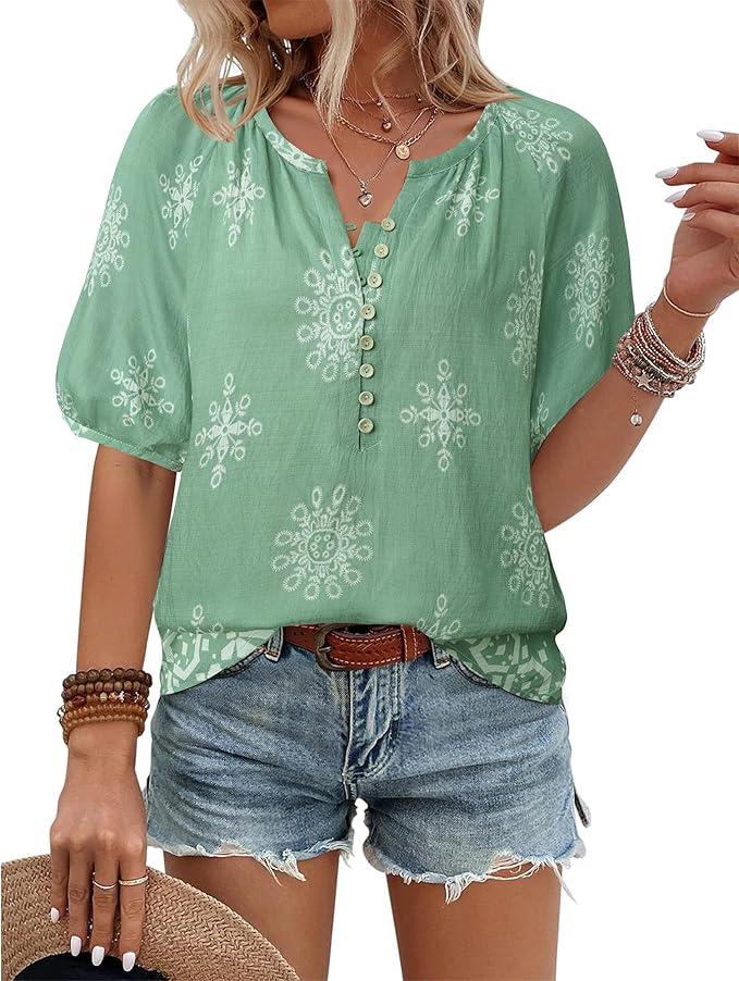 Unixseque Womens Summer Tops V Neck Short Sleeve Blouses Casual Button Down Shirts Floral Boho Clothing Trendy 2026 Small