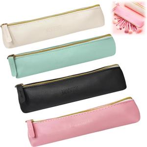 4 Pcs Slim PU Leather Makeup Pouches for Purse, 7.9x2.6 Inch Portable Small Cosmetic Organizers with Zipper, Travel-Size Lipstick & Tampon Holders for Women (Beige, Pink, Green, Black)