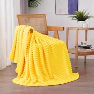 Linecooo Bright Yellow Fleece Throw Blanket 50”×60” for Couch Sofa Bed, Super Soft Cozy Plush Microfiber Flannel Blanket with Stripes Design Lightweight for Adults, Woman, Girls
